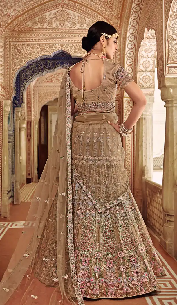 Light Brown Color Net Designer Wear Bridel Lehenega Choli - 443954278