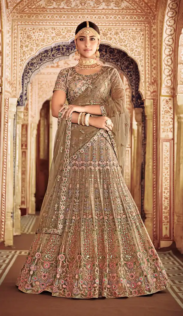 Light Brown Color Net Designer Wear Bridel Lehenega Choli - 443954278