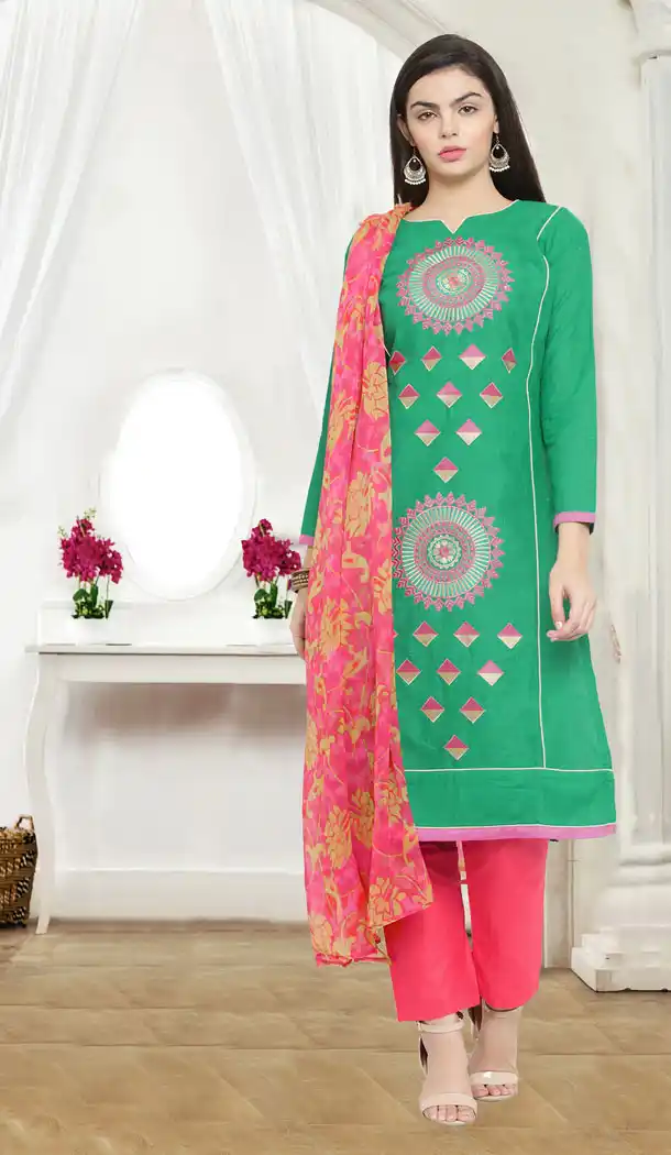 Green Color Chanderi Cotton Casual Wear Salwar Kameez - 434753179