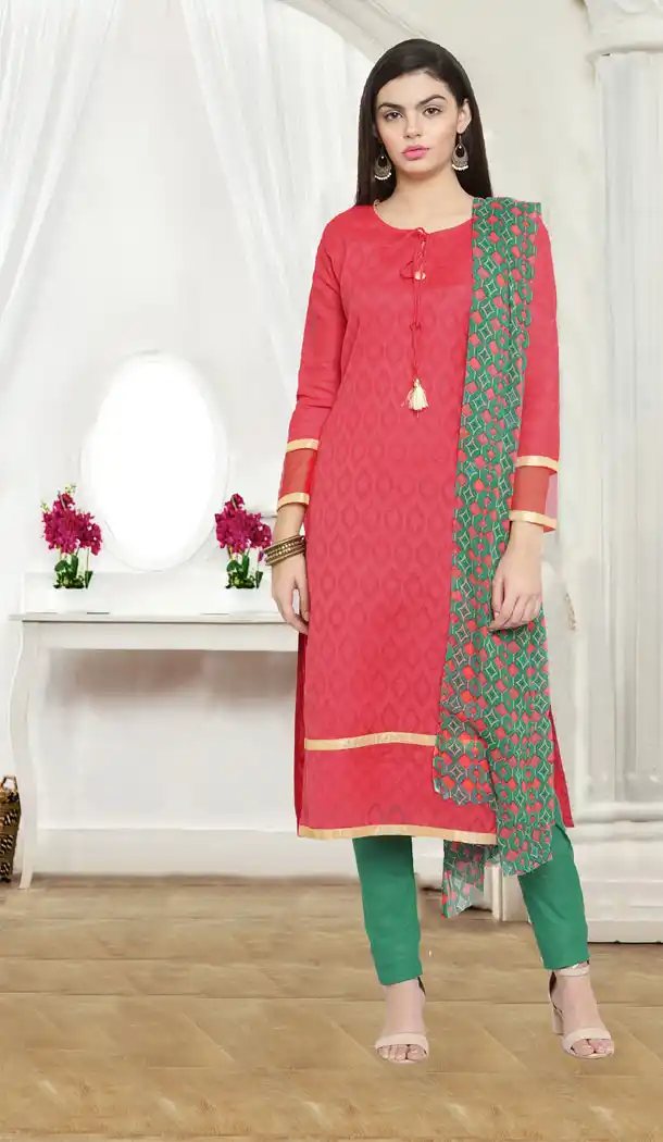 Red Color Jacquard Cotton Casual Wear Salwar Kameez - 434753180