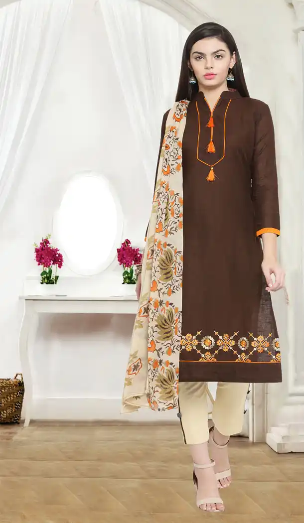 Brown Color Cotton Slub Casual Wear Salwar Kameez - 434753181