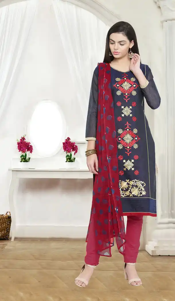 Dark Blue Color Chanderi Cotton Casual Wear Salwar Kameez - 434753182