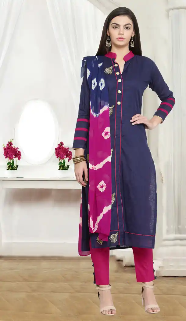 Navy Blue Color Chanderi Cotton Casual Wear Salwar Kameez - 434753183