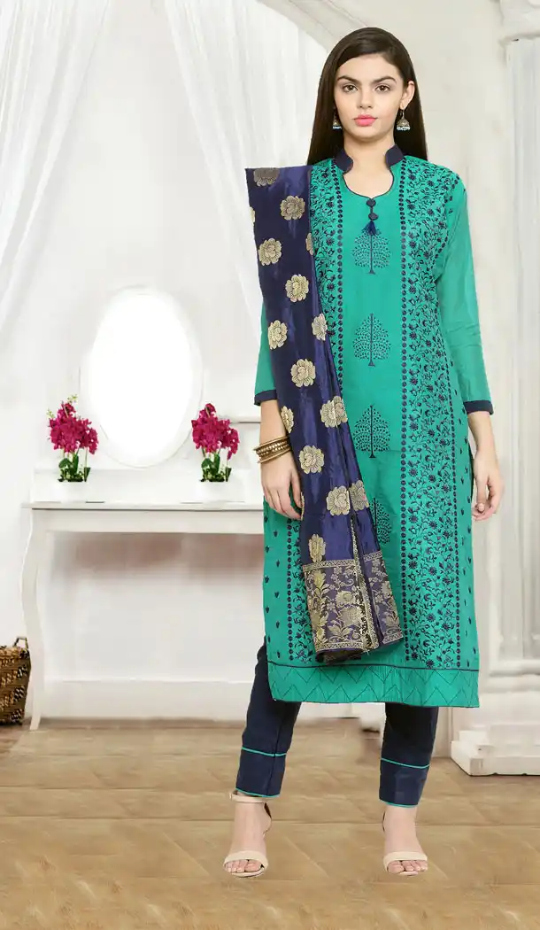 Green Color Chanderi Cotton Casual Wear Salwar Kameez - 434753186