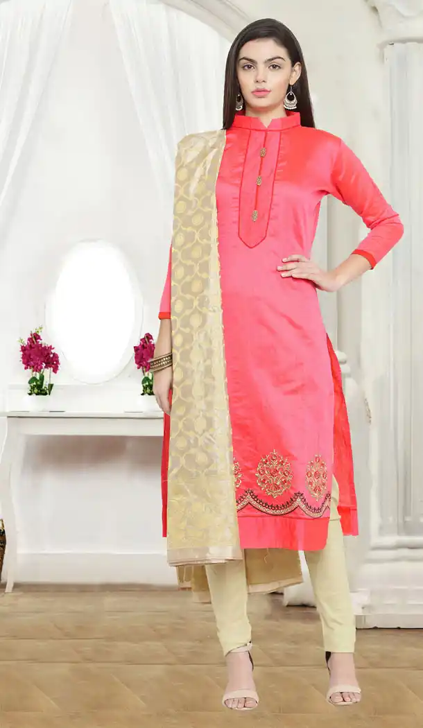 Coral Color Chanderi Cotton Casual Wear Salwar Kameez - 434753187