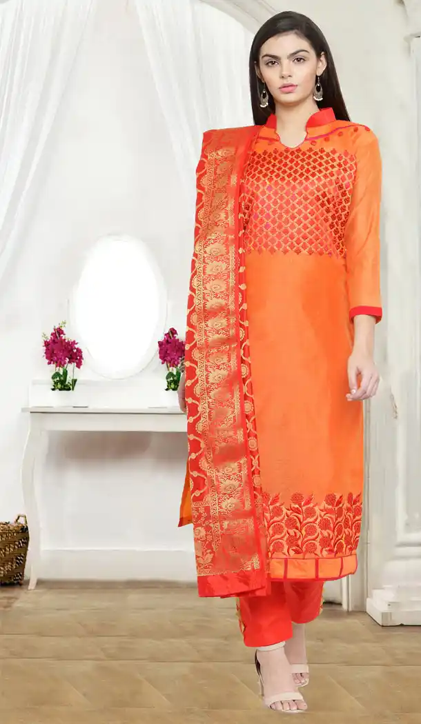 Orange Color Chanderi Cotton Casual Wear Salwar Kameez - 434753189