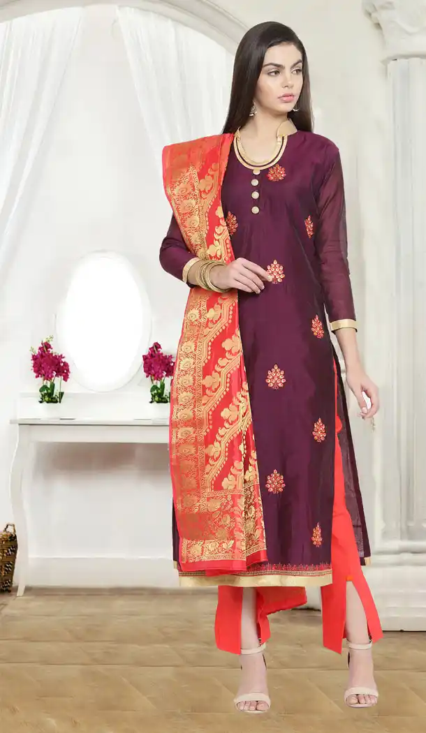 Red Violet Color Chanderi Cotton Casual Wear Salwar Kameez - 434753193