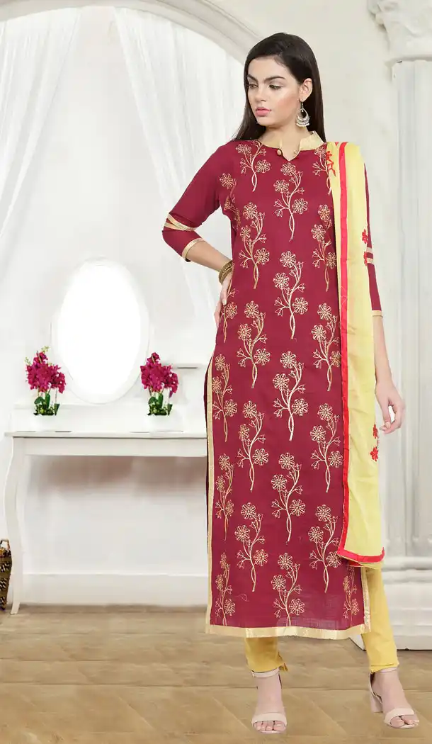 Maroon Color Cotton Slub Casual Wear Salwar Kameez - 434753199