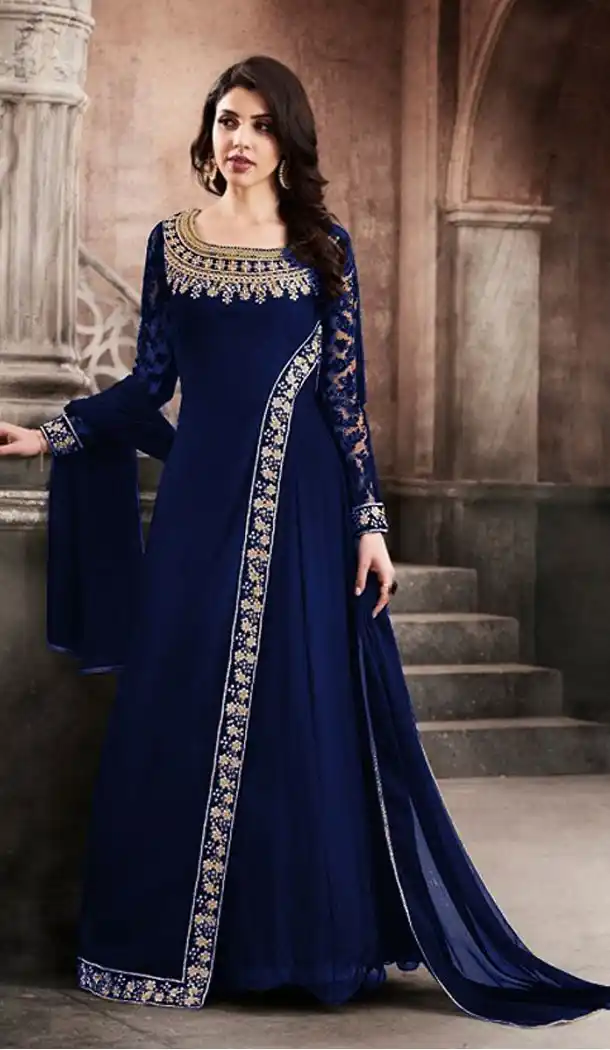 Royal Blue Color Faux Georgette Party Wear Lehenga Suit - 435253231