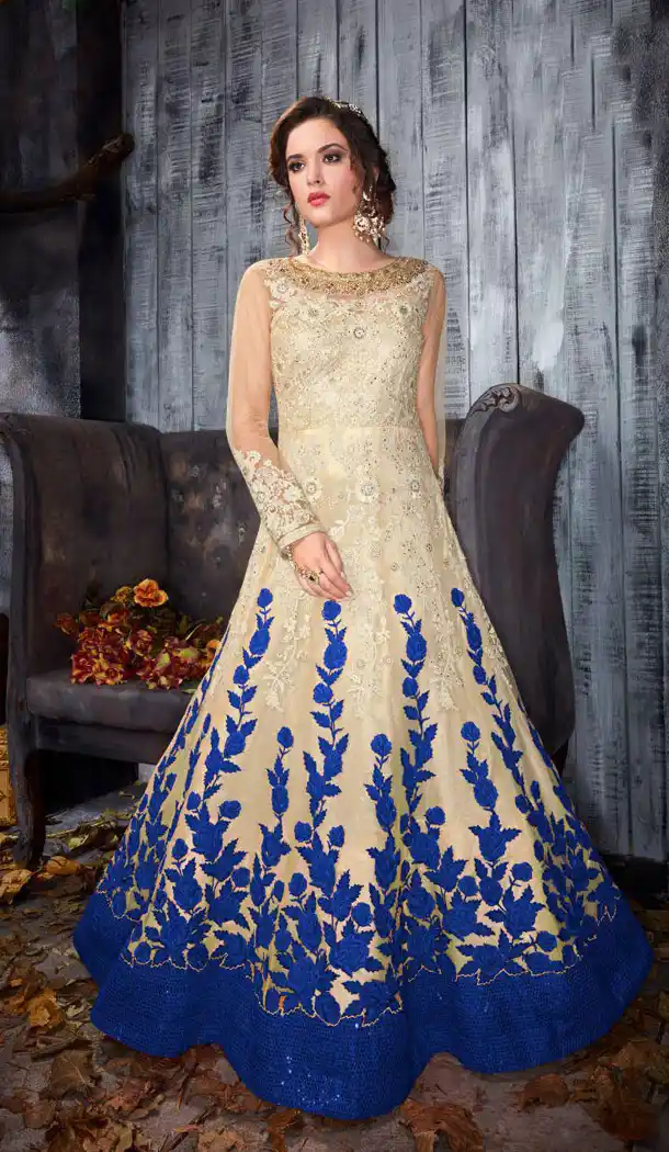Carem And Blue Butterfly Net Designer Long Gown Suit - 435853282