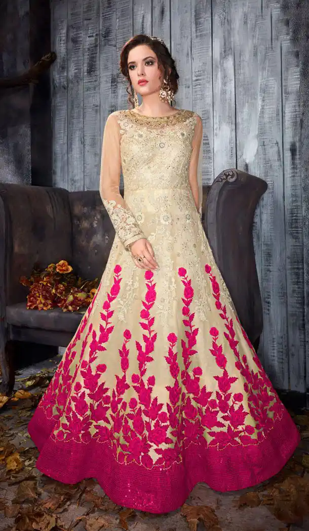 Carem And Pink Butterfly Net Designer Long Gown Suit - 435853283