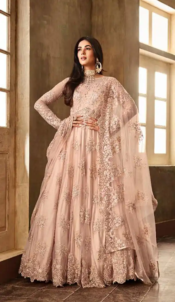 Cream Color Net Heavy Embroidered Designer Salwar Kameez - 435953284