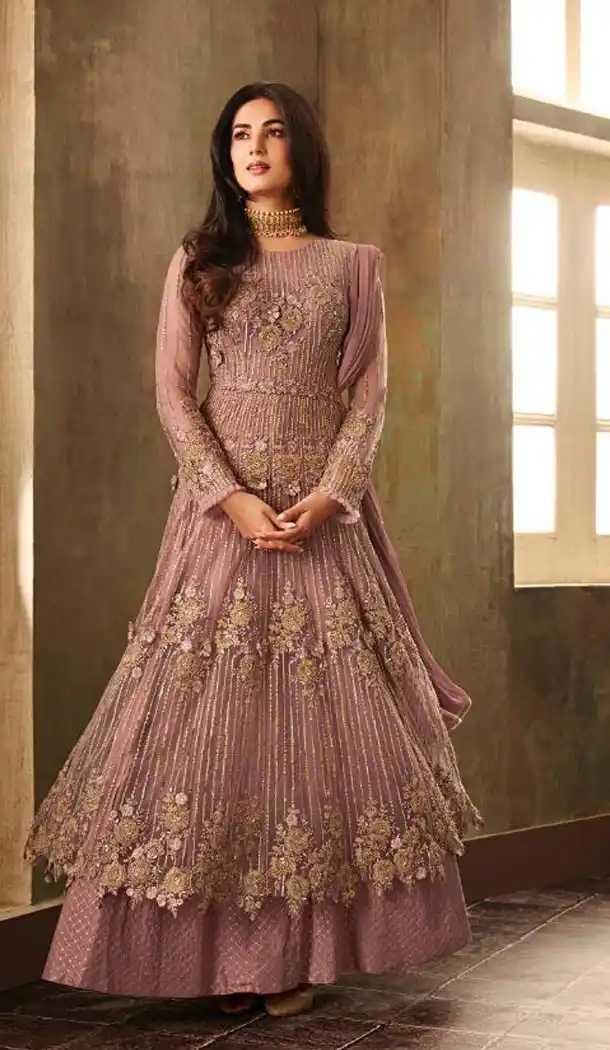 Old Rose Color Net Heavy Embroidered Designer Salwar Kameez - 435953285