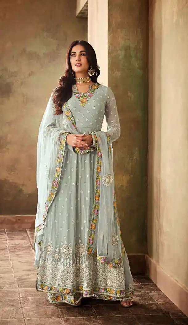 Pale Sky Blue Color Georgette Heavy Embroidered Designer Salwar Kameez - 435953286