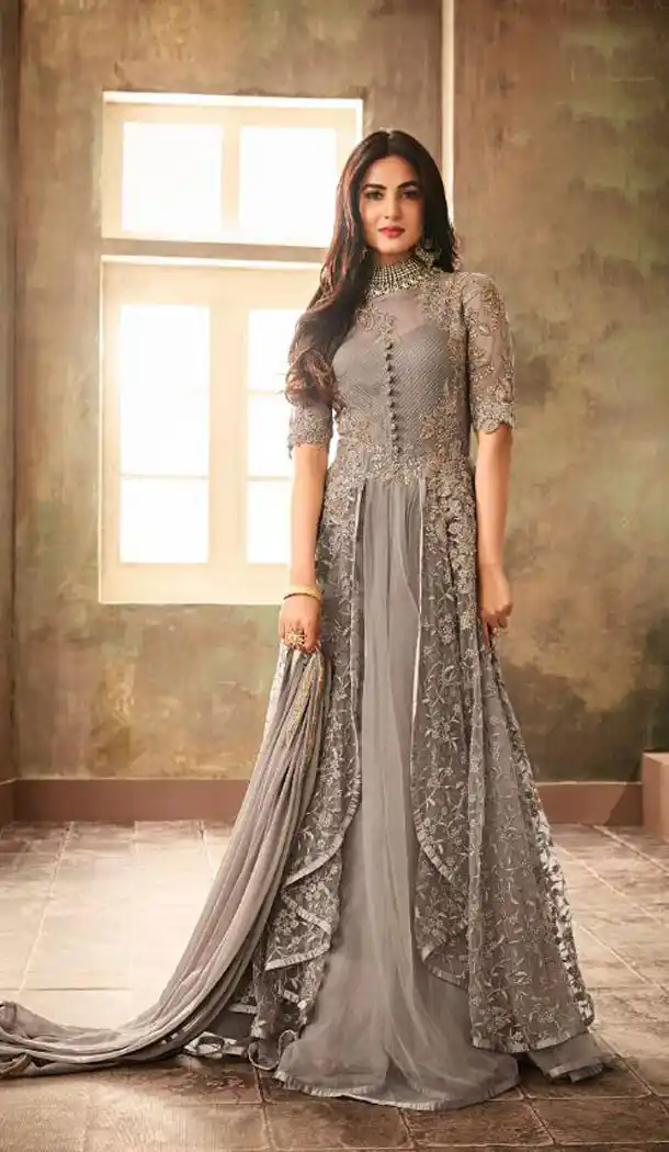 Grey Color Net Heavy Embroidered Designer Salwar Kameez - 435953290
