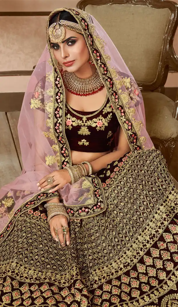 Dark Maroon Color Velvet Indian Traditional Designer Wear Lehenga Choli - 440953827