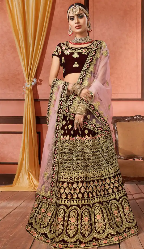 Dark Maroon Color Velvet Indian Traditional Designer Wear Lehenga Choli - 440953827