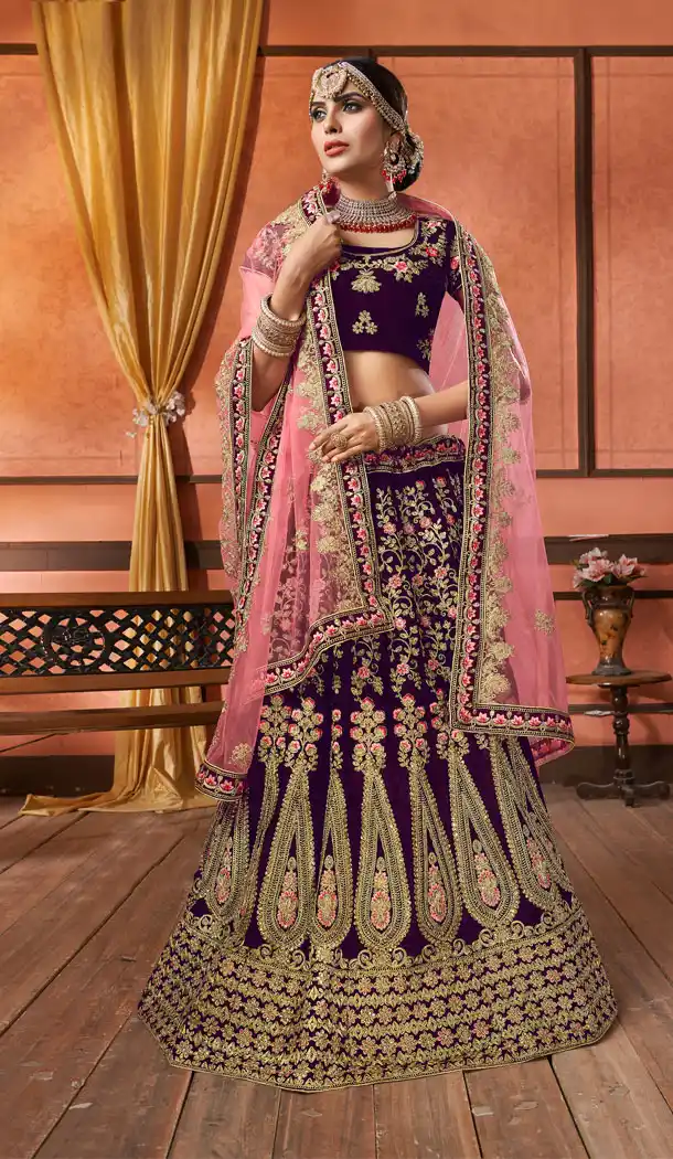 Purple Color Velvet Indian Traditional Designer Wear Lehenga Choli - 440953829