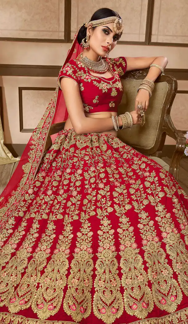 Red Color Velvet Indian Traditional Designer Wear Lehenga Choli - 440953830