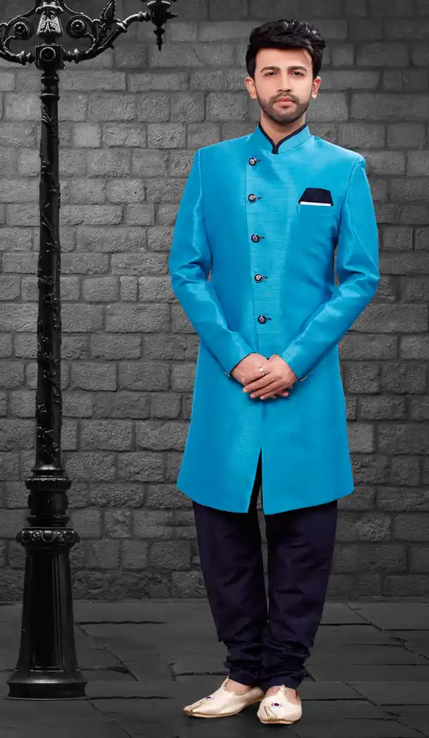 Ferozi Color Imported Silk Designer Indo Western Mens Wear - FHRTVol4-402