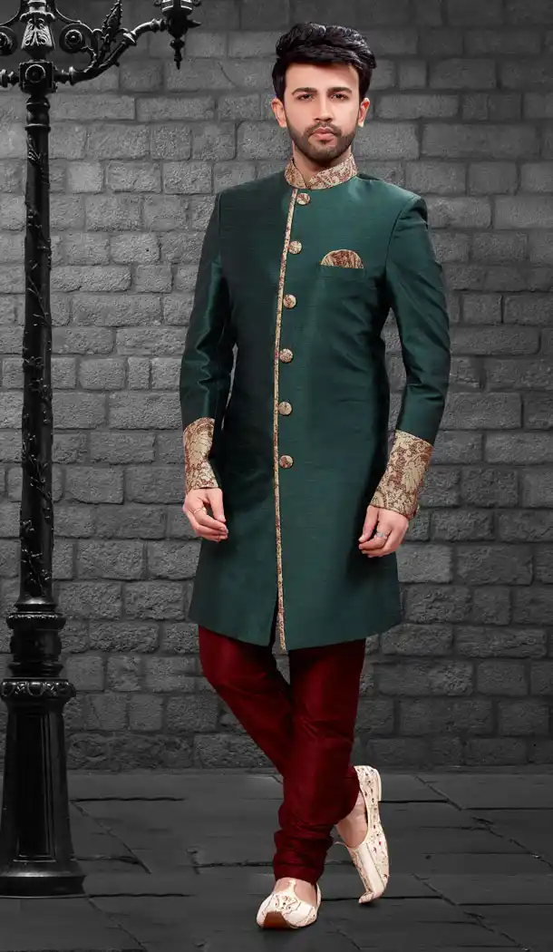 Green Color Imported Silk Designer Indo Western Mens Wear - FHRTVol4-403
