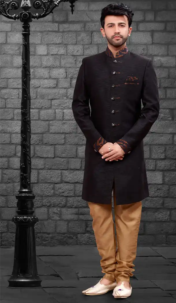 Black Color Imported Silk Designer Indo Western Mens Wear - FHRTVol4-404