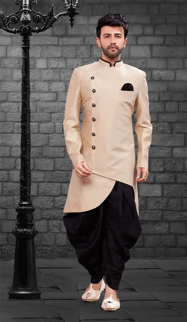 Lite Gold Color Imported Silk Designer Indo Western Mens Wear