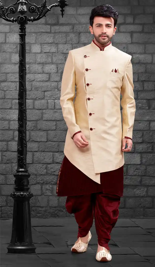 Cream Color Imported Silk Designer Indo Western Mens Wear - FHRTVol4-412