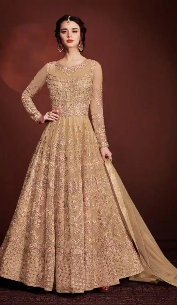 Cream Color Butterfly Net Pakistani Abaya Style Salwar Kameez - 438053491