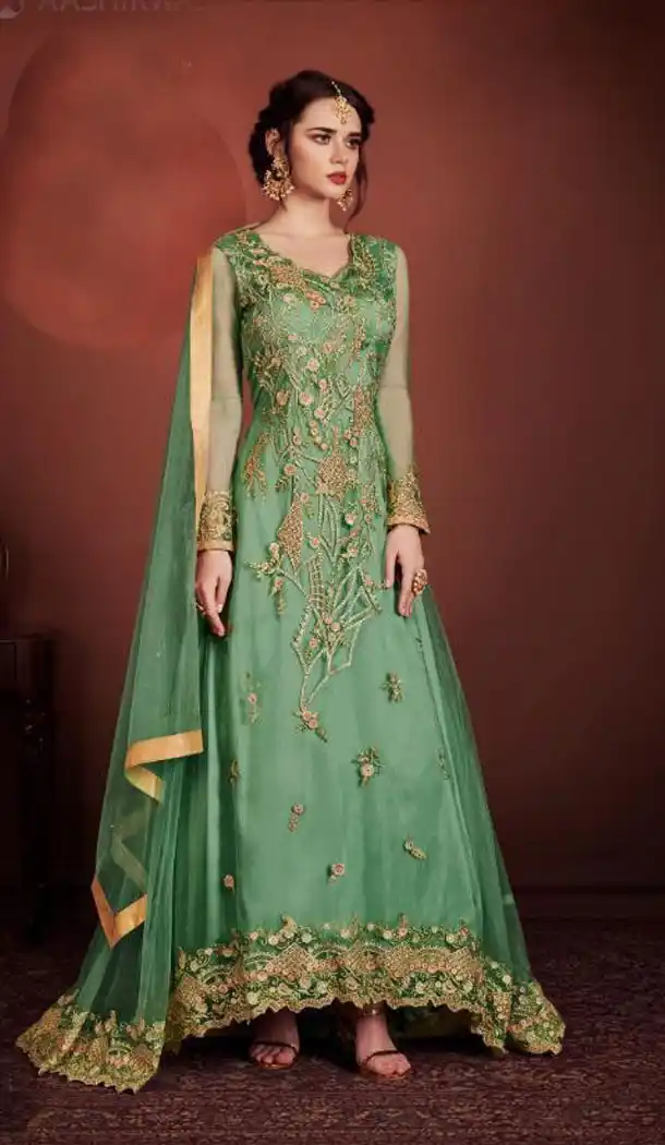 Green Color Butterfly Net Pakistani Abaya Style Salwar Kameez - 438053492