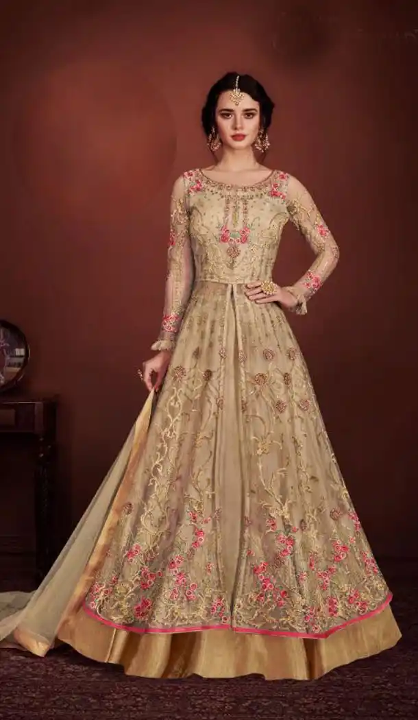 Cream Color Butterfly Net Pakistani Abaya Style Salwar Kameez - 438053493