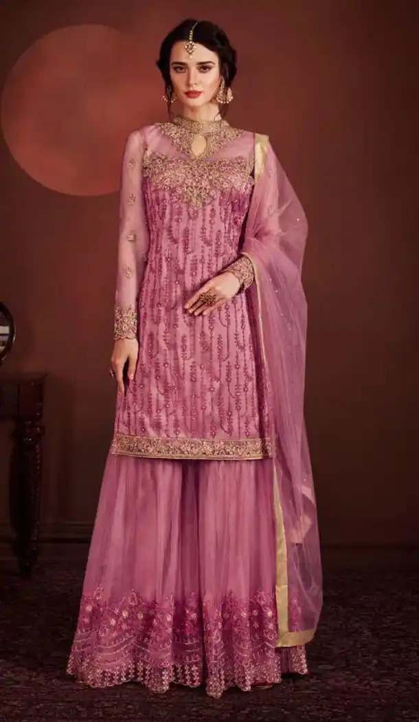 Ruby Color Butterfly Net Pakistani Abaya Style Salwar Kameez - 438053494