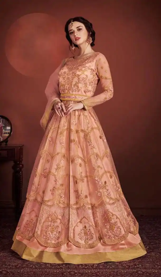 Peach Color Butterfly Net Pakistani Abaya Style Salwar Kameez - 438053495