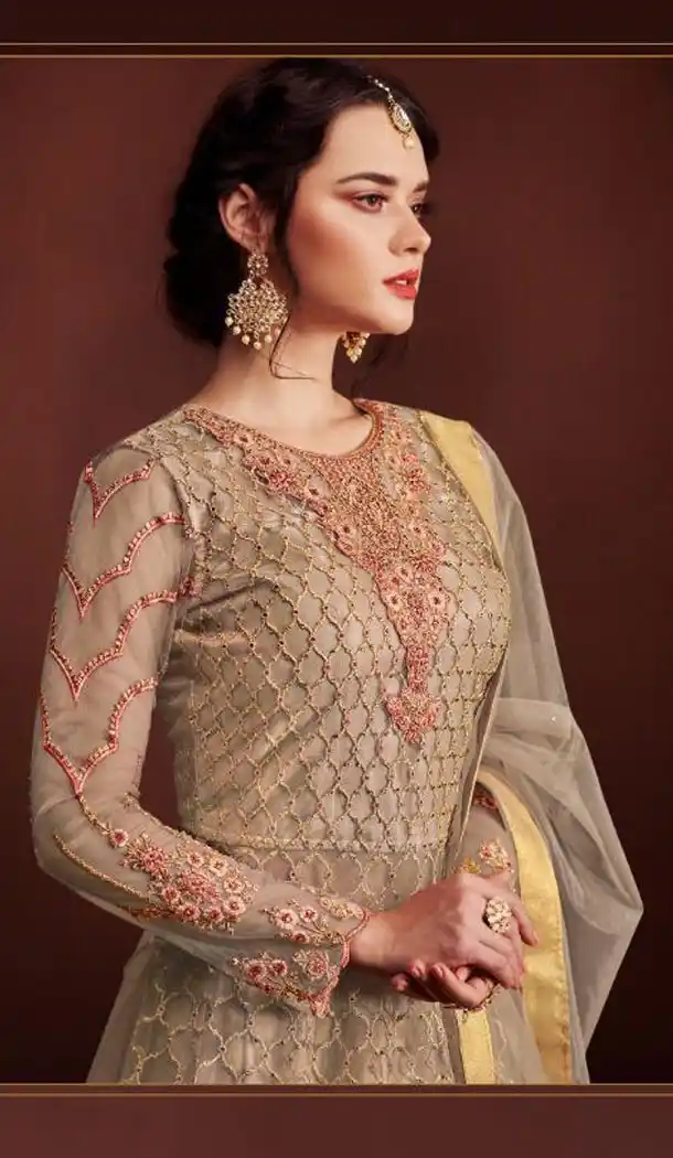 Tan Color Butterfly Net Pakistani Abaya Style Salwar Kameez - 438053496