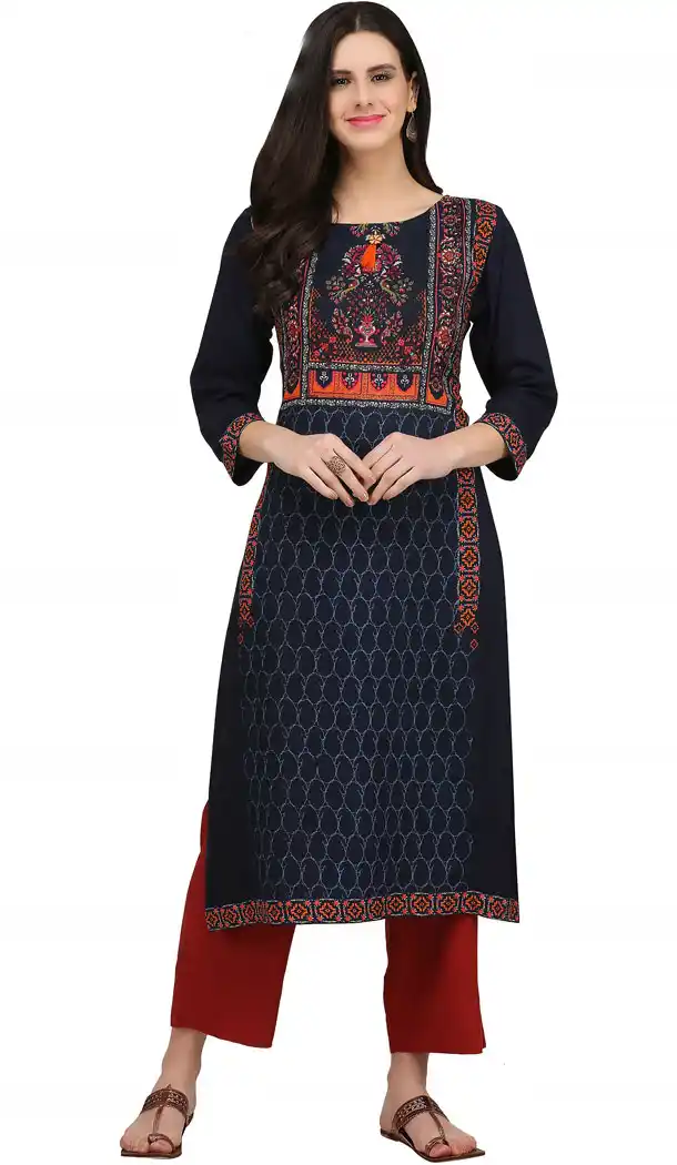 Dark Blue Color Rayon Casual Wear Readymade Printed Kurti - 444254301