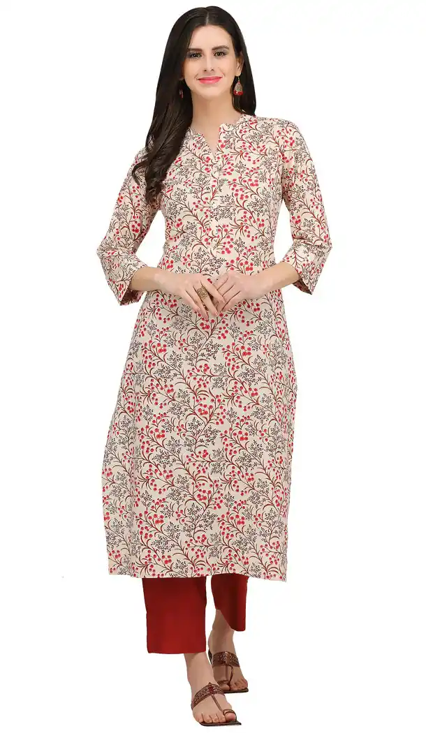 Contemporary Cream Color Cotton Casual Wear Readymade Printed Kurti - 444254308