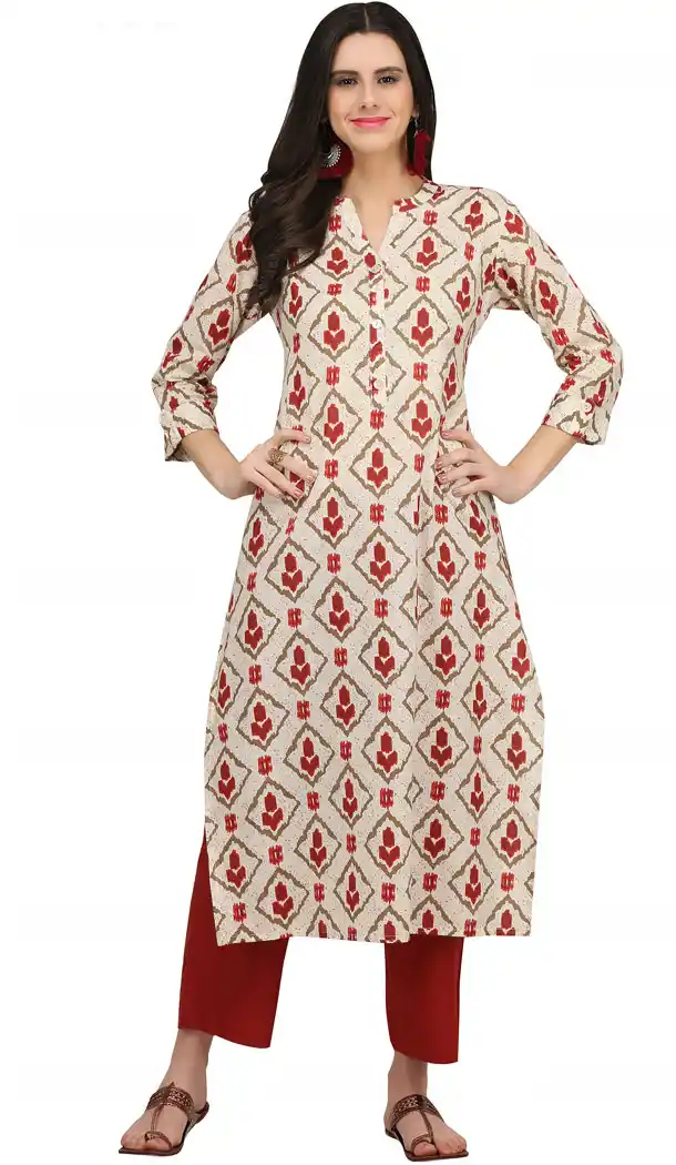 Ethnic Cream Color Cotton Casual Wear Readymade Printed Kurti - 444254309