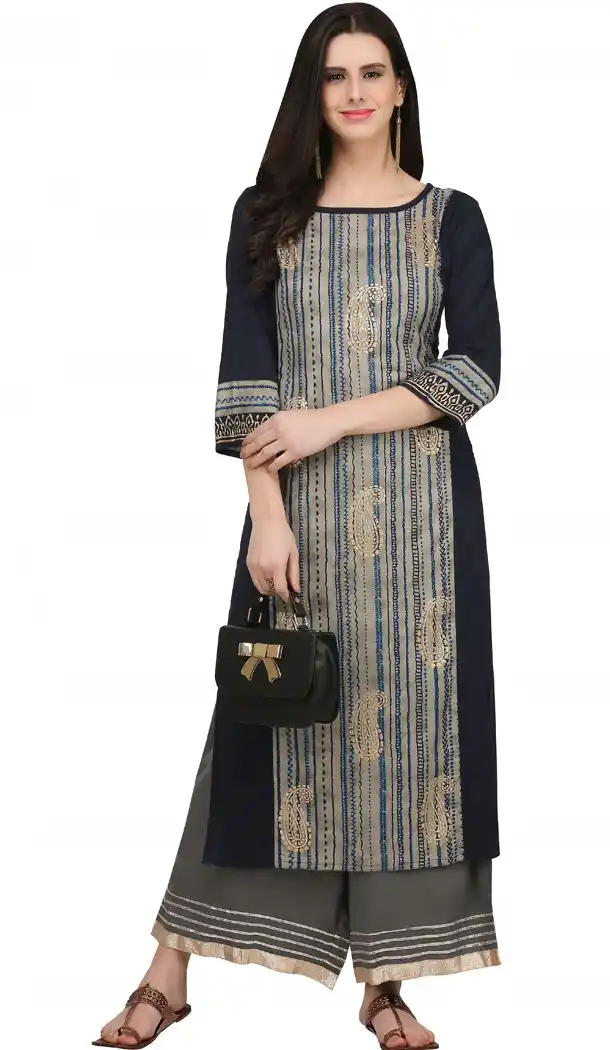Aesthetic Navy Blue Color Cotton Casual Wear Readymade Printed Kurti - 444254314