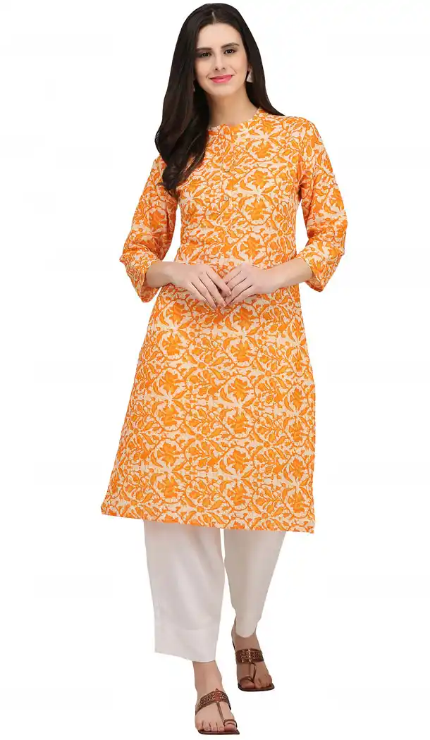 Orange Color Cotton Casual Wear Readymade Printed Kurti - 444254316