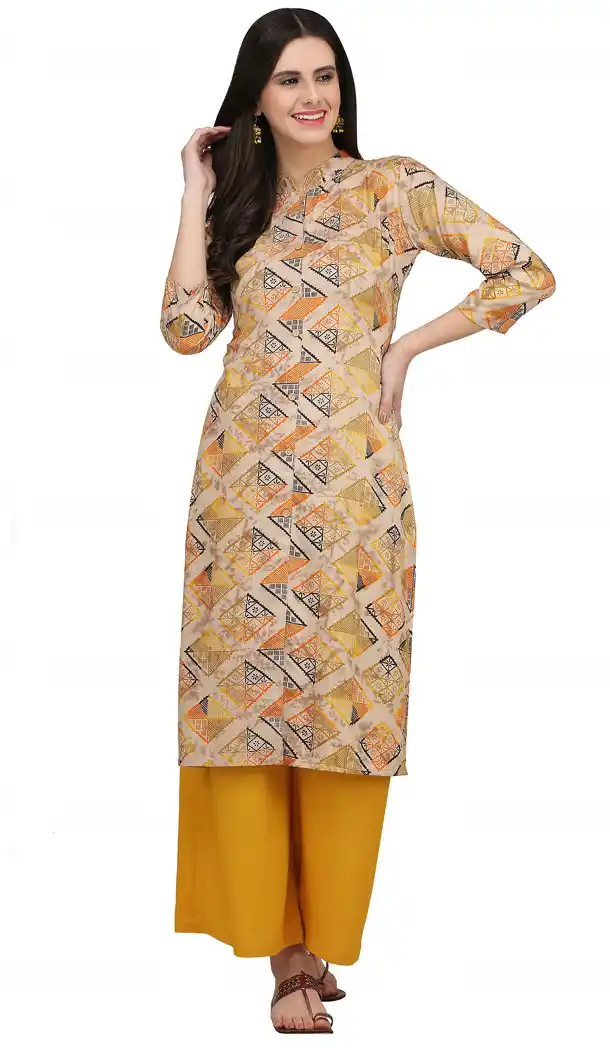 Beige Color Rayon Casual Wear Readymade Printed Kurti - 444254317