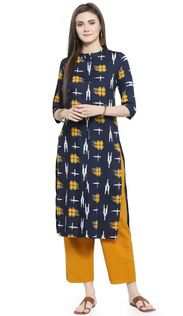 Navy Blue Color Rayon Casual Wear Readymade Printed Kurti - 444254320