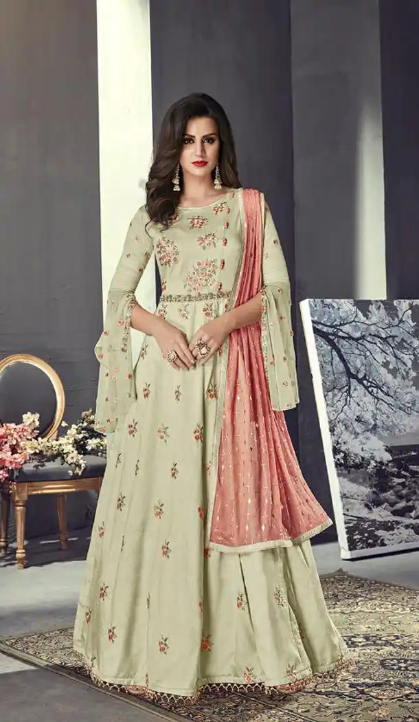 Pista Color Tussar Silk Designer Abaya Style Gown Dress - 445254522