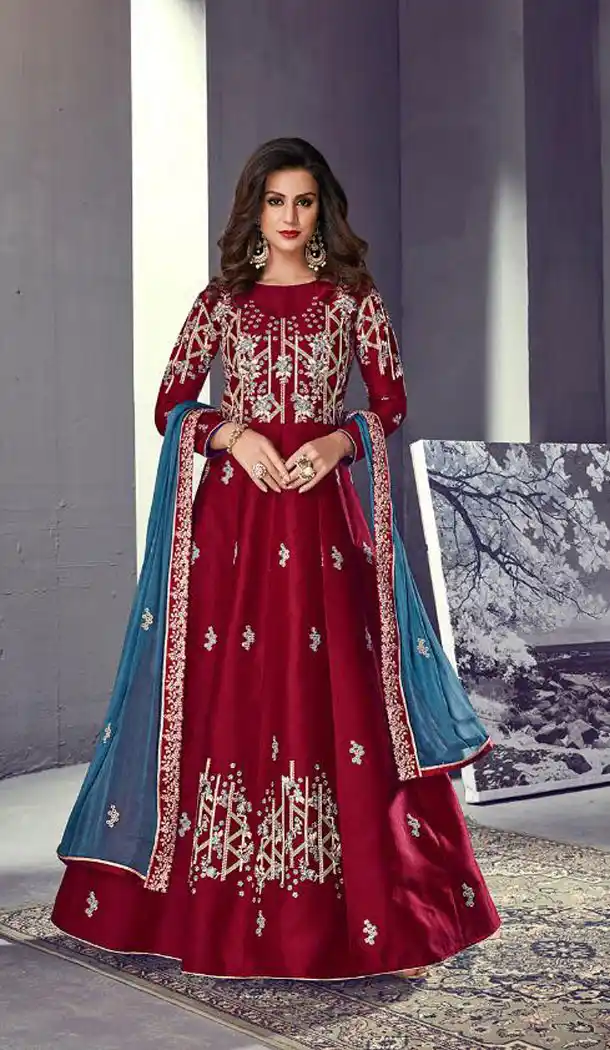 Maroon Color Star Silk Designer Abaya Style Gown Dress - 445254525
