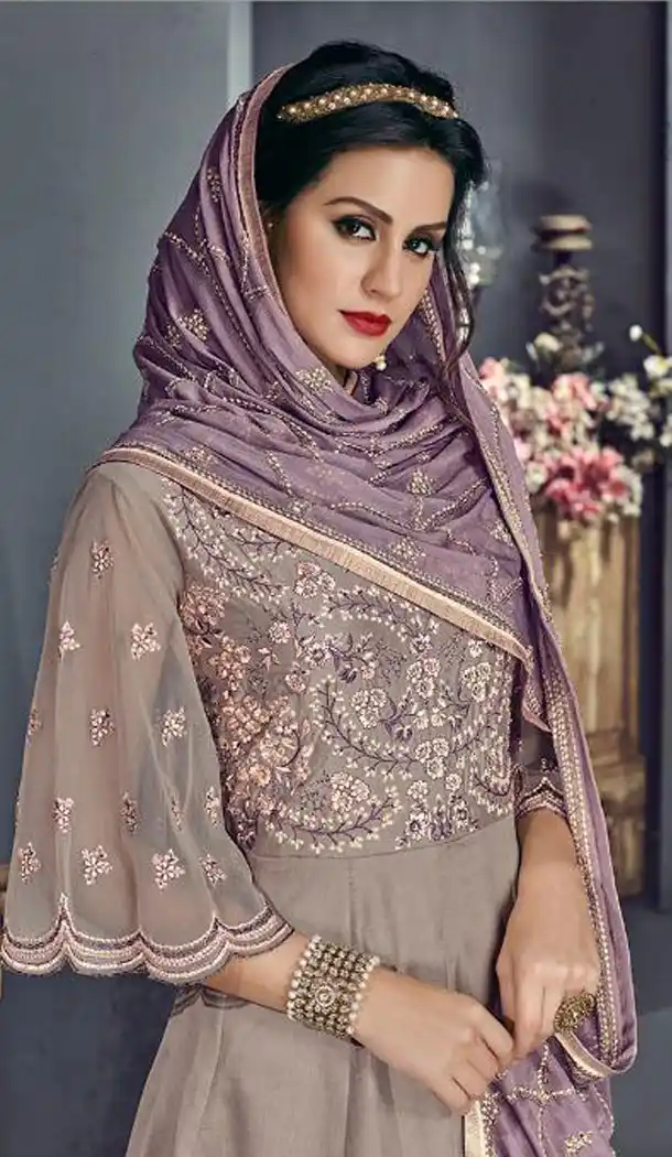 Contemporary Grey Color Star Silk Designer Abaya Style Gown Dress - 445254526
