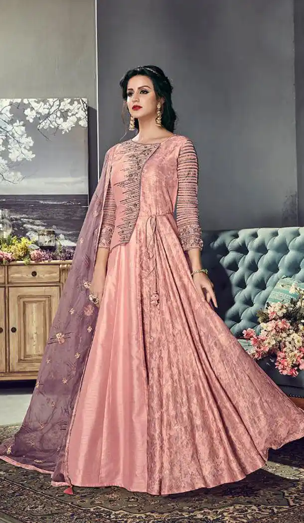 Exquisite Peach Color Tussar Silk Designer Abaya Style Gown Dress - 445254527