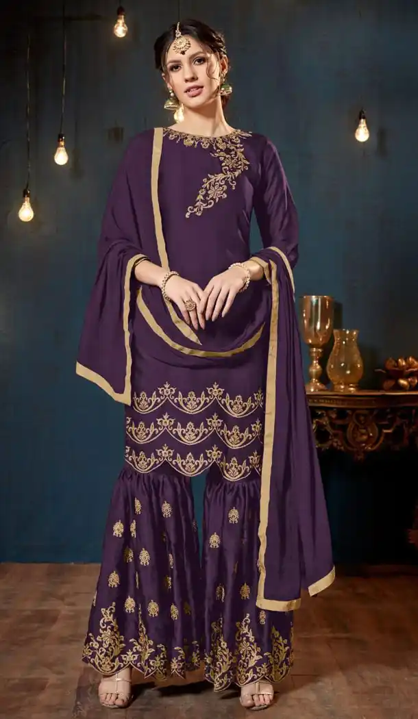 Purple Color Satin Georgette Party Wear Sharara Salwar Kameez - 447154759