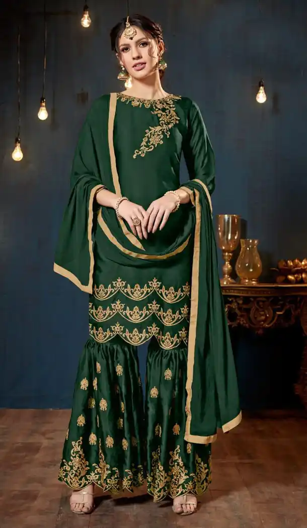 Green Color Satin Georgette Party Wear Sharara Salwar Kameez - 447154760