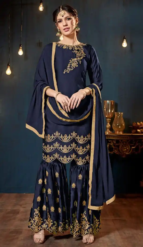 Dark Blue Color Satin Georgette Party Wear Sharara Salwar Kameez - 447154761