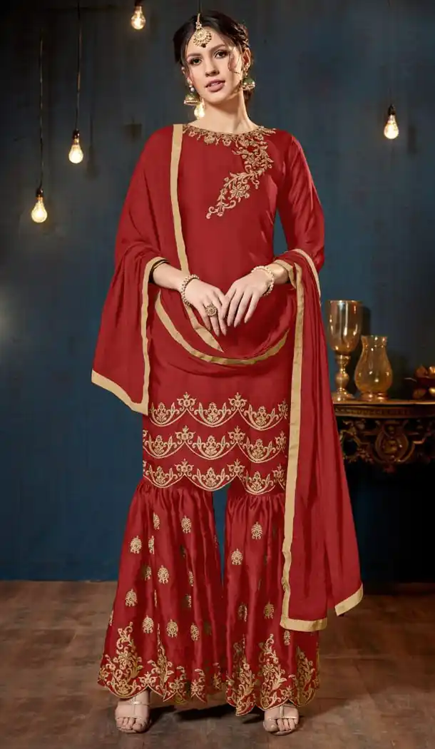 Red Color Satin Georgette Party Wear Sharara Salwar Kameez - 447154762