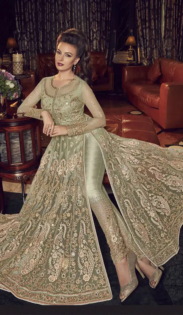 Pista Color Premium Net Designer Knee Length Salwar Kameez - 445654548
